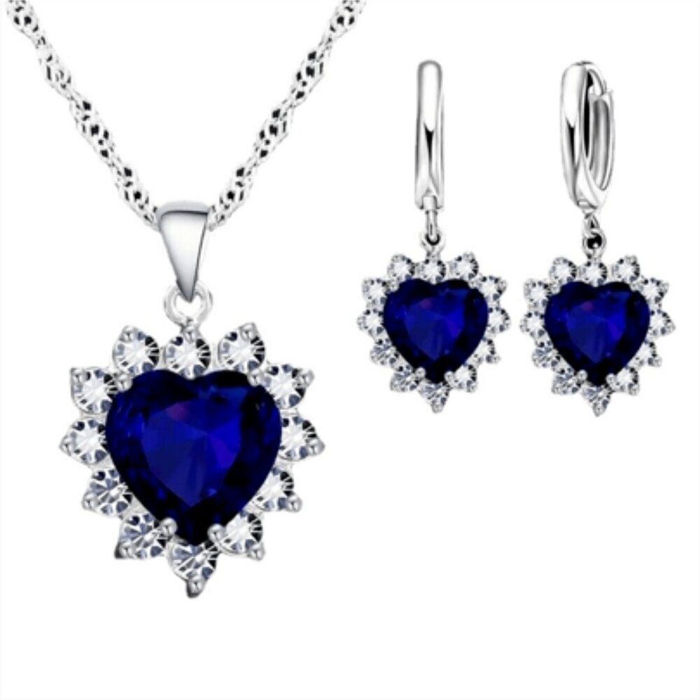 Heart-Shaped Sapphire Blue Sterling Silver Jewelry Set